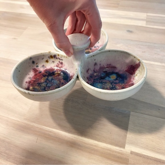 Handmade Studio Pottery Triple Bowl Dish – Abstract Glaze, Unique Serveware - Picture 11 of 12